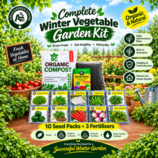 Winter gardening kit with 10 vegetable seed packs and 3 fertilizers